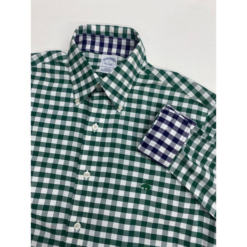 Brooks Brothers Slim Fit Supima Cotton gingham plaid button flip-cuff shirt S